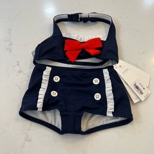 Janie and Jack Navy Swimsuit with Red Accent